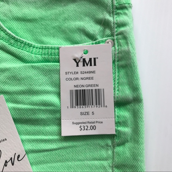 YMI SZ 5 Mid-Rise Denim Frayed Cut-Off 3" Women's Shorts in Lime Green NEW - Picture 4 of 14